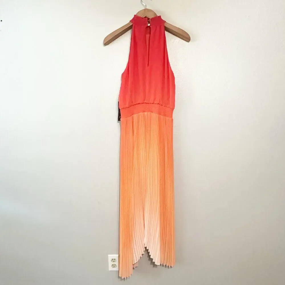WHBM Orange Ombre Halter Pleated Shark-bite Midi Dress women’s size 6 NEW - Picture 7 of 12